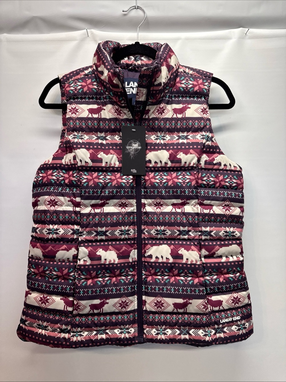 NWT Lands' End Women's Down Puffer Vest Sz S (6-8) Fair Isle Bear Moose 600 Fill